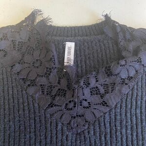 Black Lace-Accent V-Neck Sweater